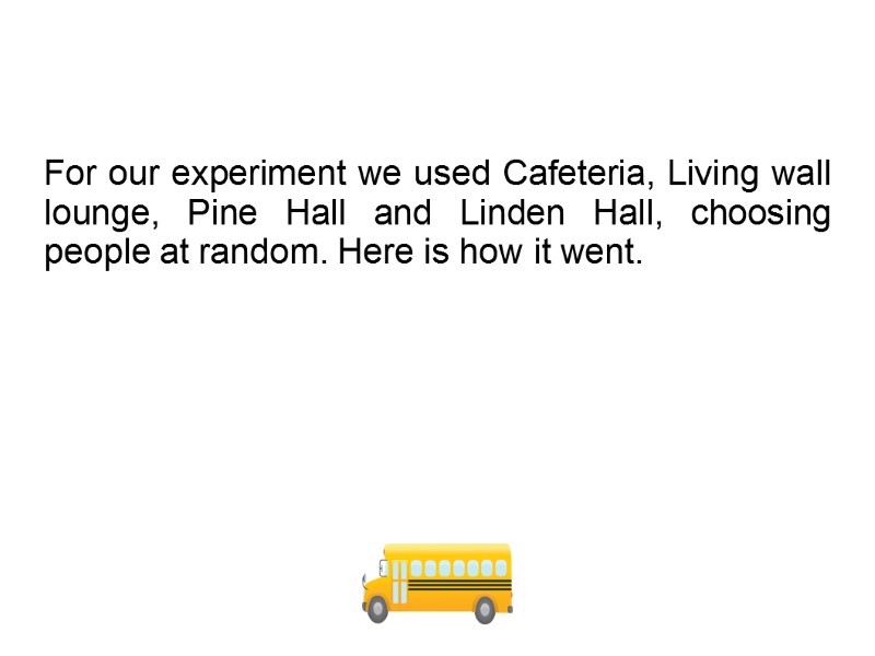 For our experiment we used Cafeteria, Living wall lounge, Pine Hall and Linden Hall,